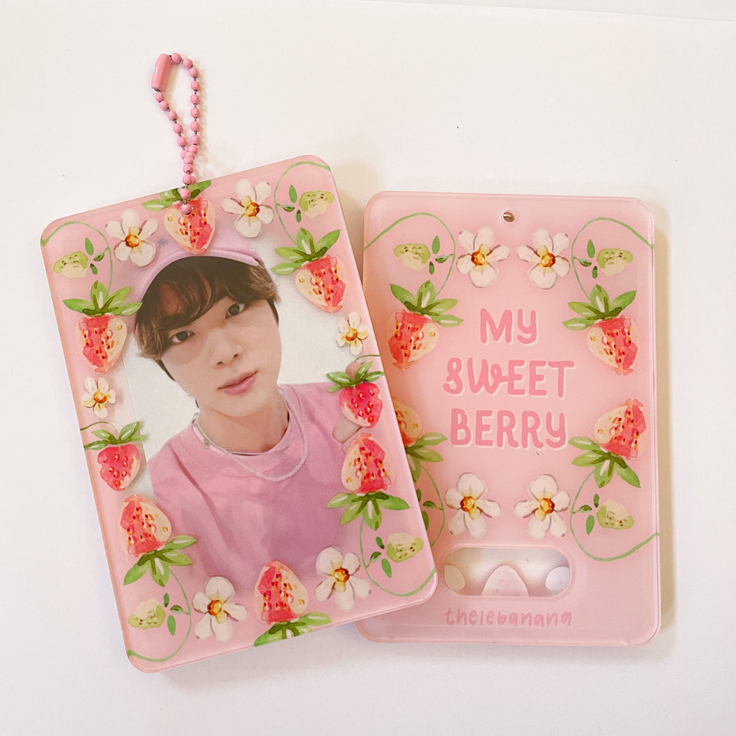 pink sweet strawberry kpop acrylic photocard holder keychain, korean stationery, toploaders, polcos