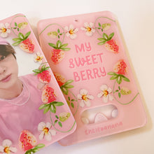 Load image into Gallery viewer, pink sweet strawberry kpop acrylic photocard holder keychain, korean stationery, toploaders, polcos
