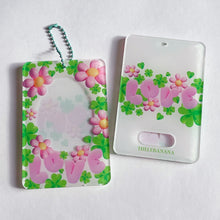 Load image into Gallery viewer, LOVE pink flower and green clover kpop acrylic photocard holder keychain, korean stationery, toploaders, polcos
