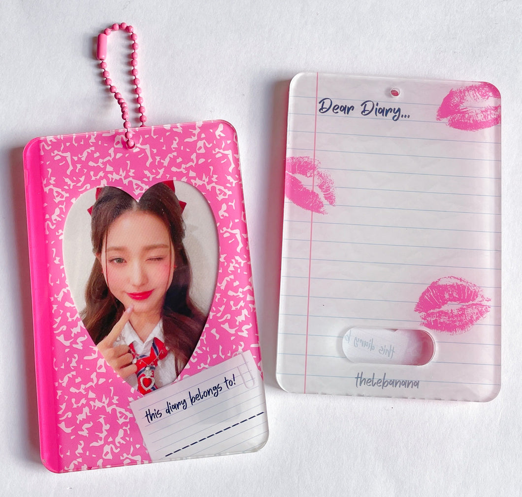 pink diary notebook kpop acrylic photocard holder keychain, korean stationery, toploaders, polcos