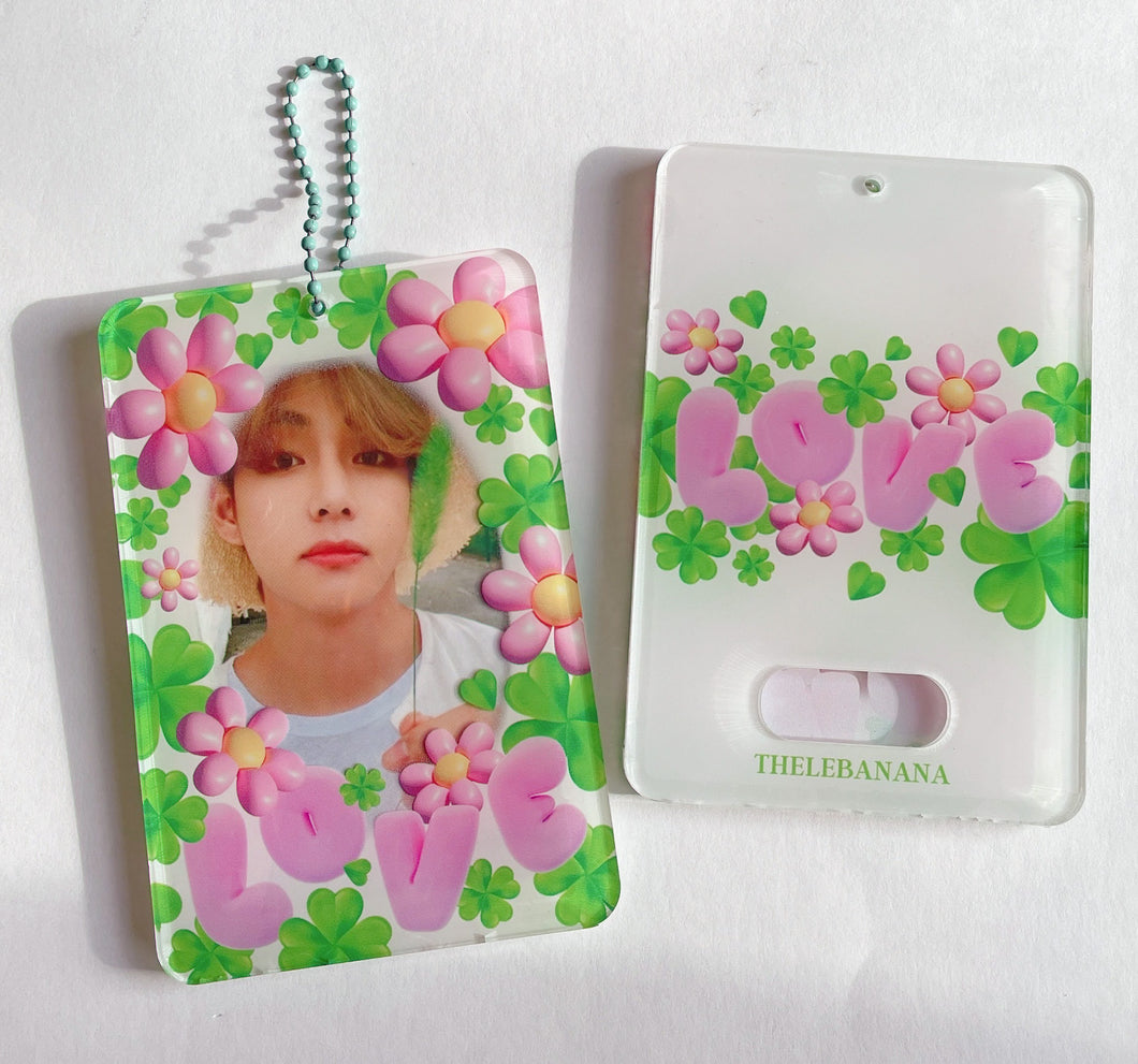 LOVE pink flower and green clover kpop acrylic photocard holder keychain, korean stationery, toploaders, polcos